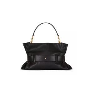 Black Belted Shoulder Bag - Leather Look Bag with Gold Buckle