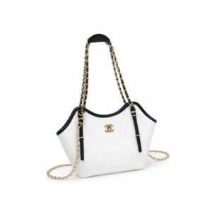 White Chain Tote Bag - Textured Shoulder Bag with Gold Hardware