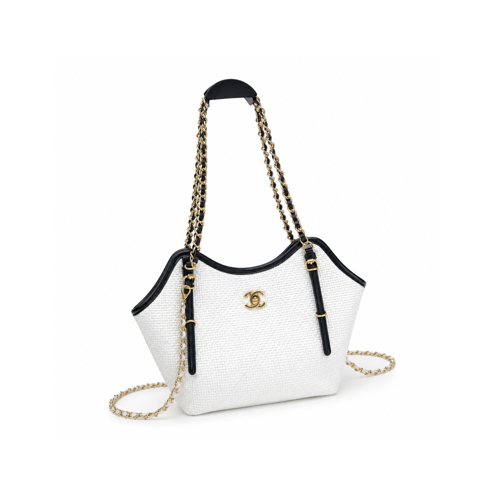 White Chain Tote Bag - Textured Shoulder Bag with Gold Hardware