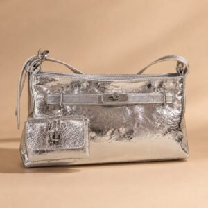 Lunelle Silver Foil Shoulder Bag - Metallic Baguette with Mini Pouch